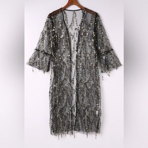 Black Sequin Sheer Long Sleeve Open Front Kimono
